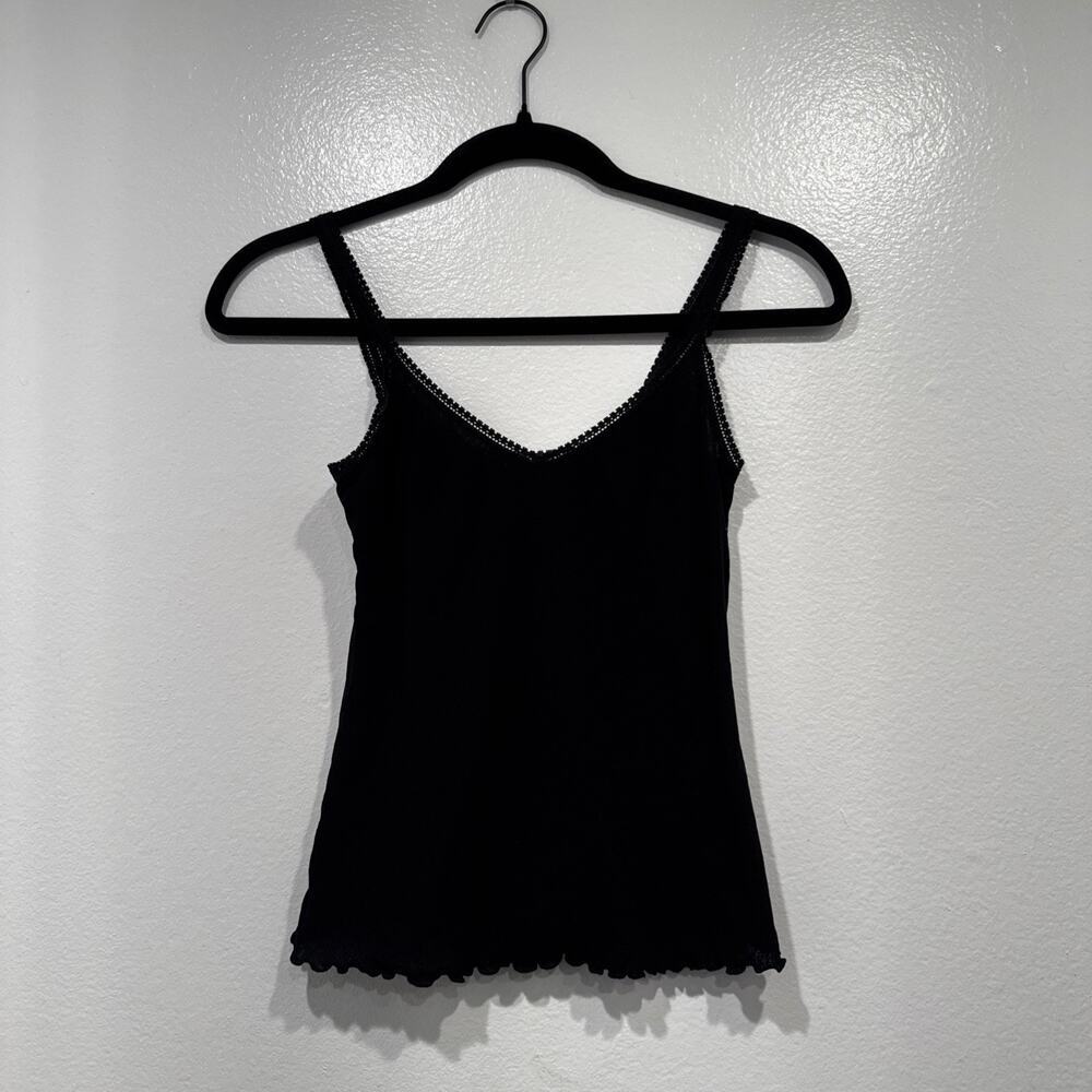 ON GOSSAMER‎ Black Sheer Mesh Cami Stretch Cropped Tank Lace Trim Y2K 90s Look
